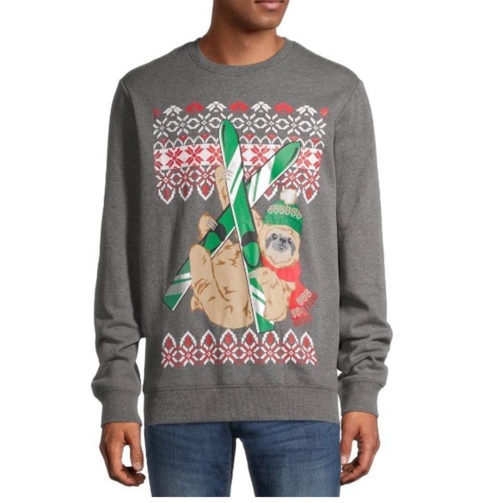 Holiday‎ Time Skiing Sloth Ugly Christmas Crewneck Sweatshirt Mens Size Large